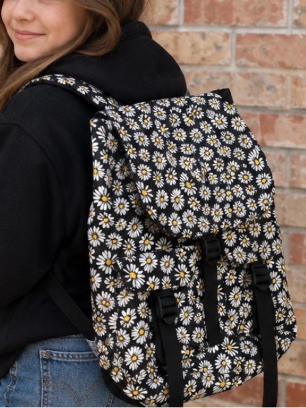 Black Daisy Print Backpack - Women Bags